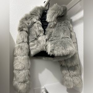 Gray fur coat with hood